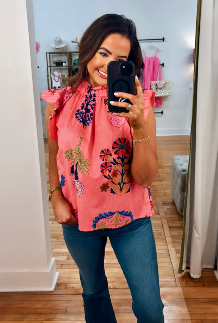 Pink Mock Neck Floral Top