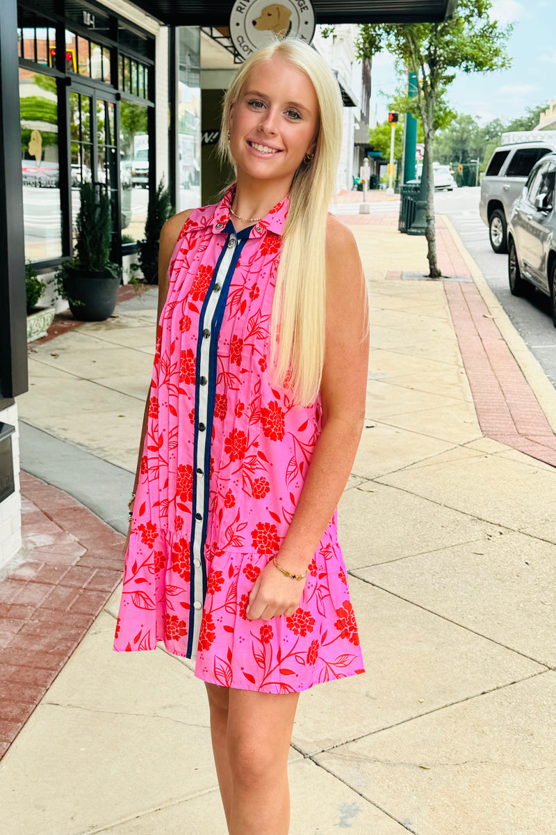 Sleeveless Flower Button Up Dress-Pink