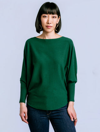 Teal mosaic sweater with a crew neckline and 3/4 length sleeves worn by a model.