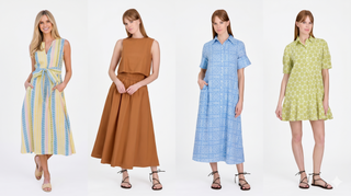 Four women wearing different colored dresses on a white background