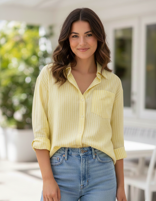 Woman wearing a yellow shirt and blue jeans standing outdoors.