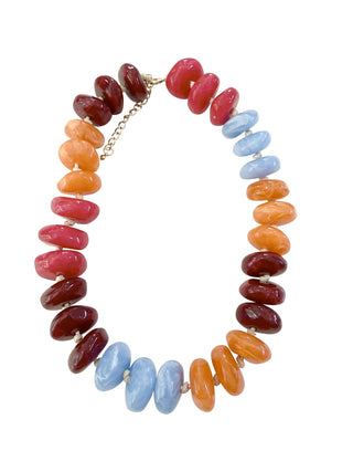 Chunky beaded necklace with maroon, orange, and blue glossy beads and a gold-tone adjustable clasp.