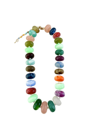 A chunky beaded necklace with large, glossy marbled beads in various colors and an adjustable gold-tone clasp.
