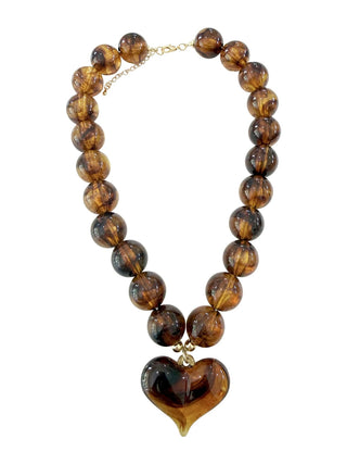 Amber Tortoise Chunky Resin Bead Heart Pendant Collar Necklace
