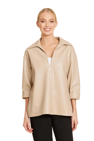 Chestnut faux leather shirt with V-neckline and 3/4 cuffed sleeves.