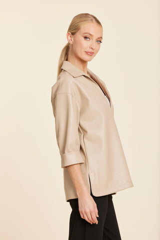 Faux Leather V Neck Shirt, Sand