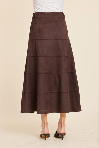 Faux Suede Paneled Full Skirt, Coffee