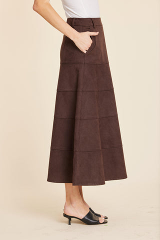 Faux Suede Paneled Full Skirt, Coffee