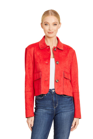 Red cropped faux suede jacket with fold-over collar, horn-style buttons, and front flap pockets.