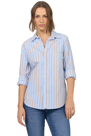 Galina Long Sleeve Button Up Top in Campus Blue Stripe