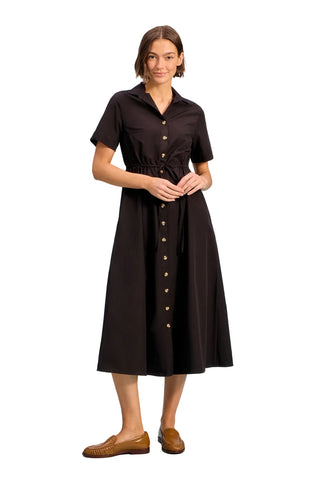 Black midi dress with notch collar, short sleeves, and front button placket.