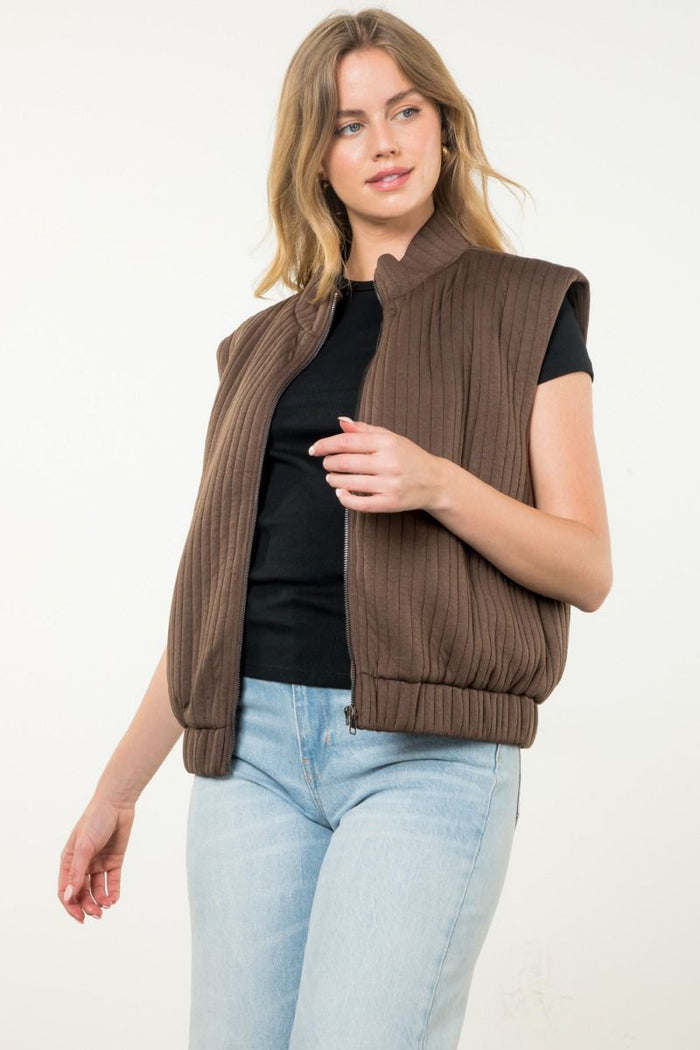 Striped Textured Zip Up Vest in Chocolate