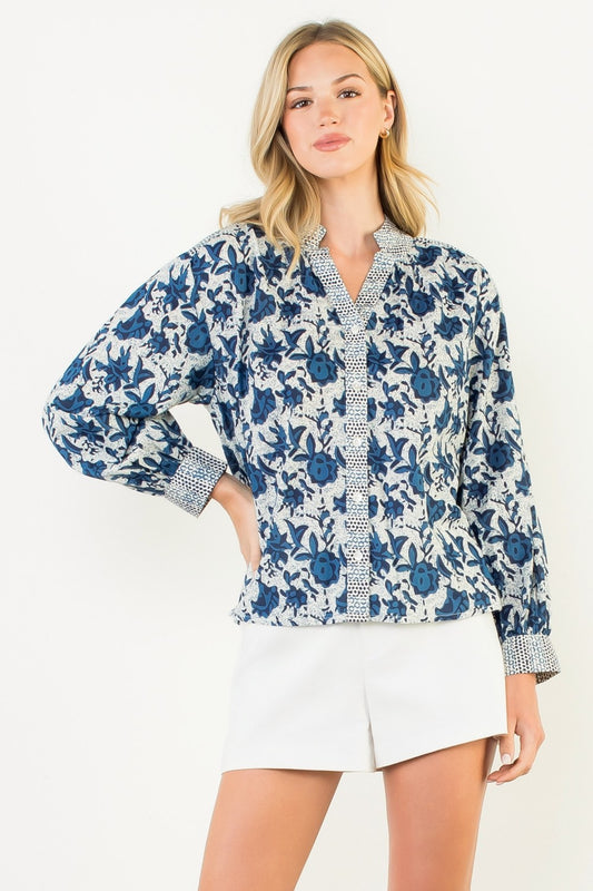 Floral Print V-Neck Button Up