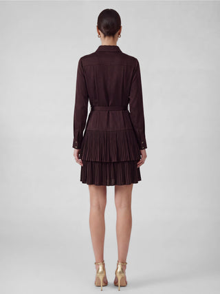 Belted Tiered Pleated Mini Dress, Cherry Lacquer