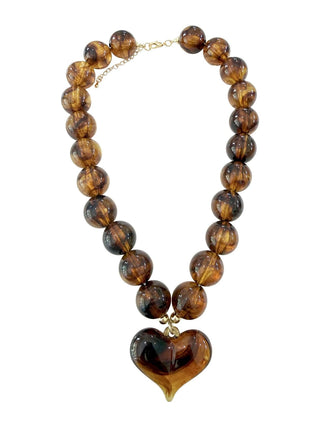 Amber Tortoise Chunky Resin Bead Heart Pendant Collar Necklace - The South Apparel