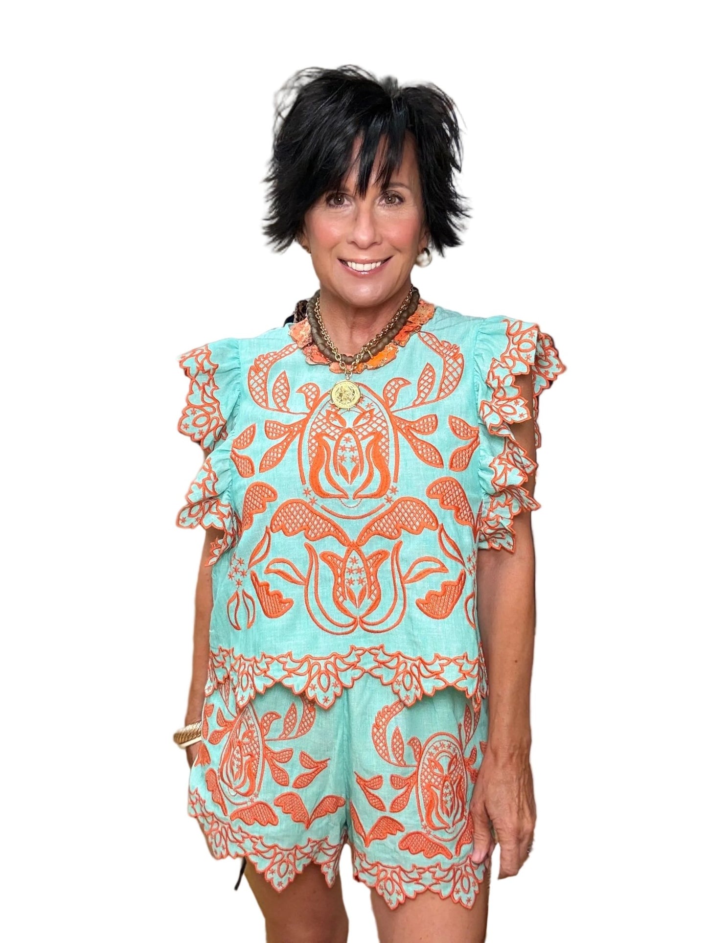 Azure Ember Embroidered Ruffle Top - The South Apparel