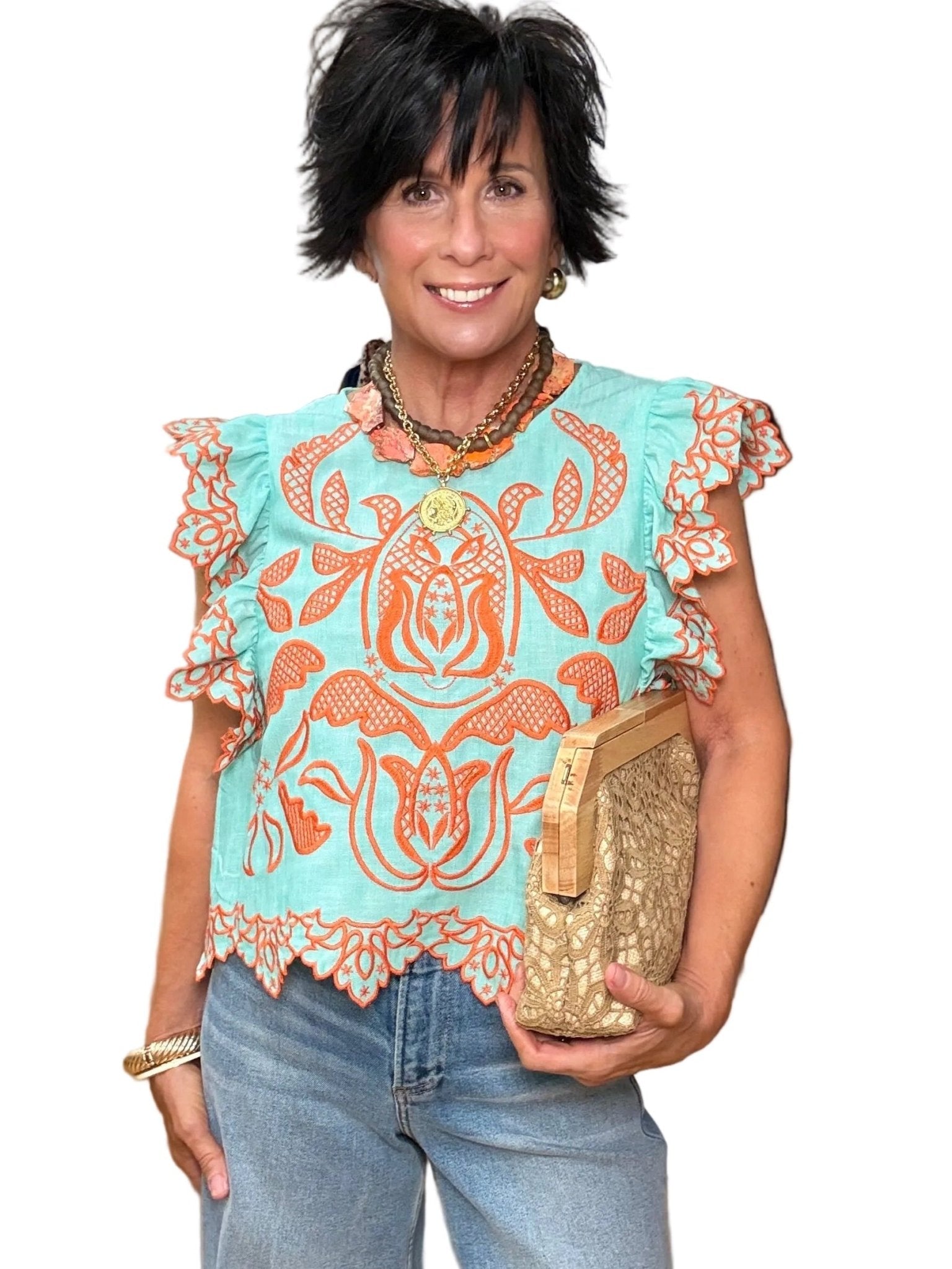 Azure Ember Embroidered Ruffle Top - The South Apparel