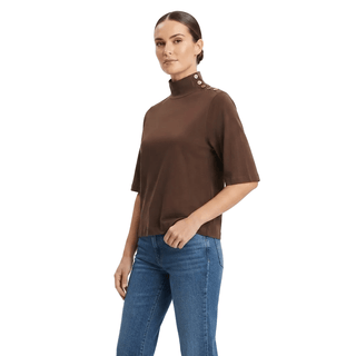 Boxy Buttoned Mock Neck Top in Mocha - The South Apparel