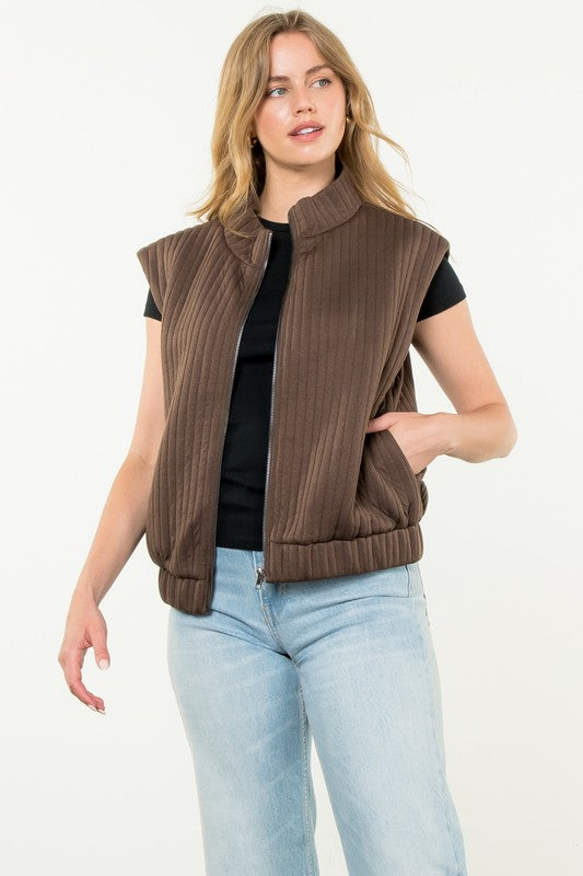 Striped Textured Zip Up Vest in Chocolate