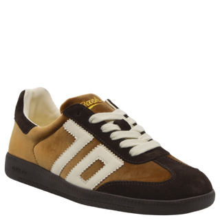 A pair of brown and sky velvet low-top sneakers with a round toe and lace-up closure.