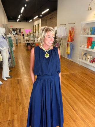 Cotton Poplin Bubble Top in Navy - The South Apparel