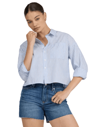 Cropped Adrianna Button Up Top in Skyway/Cafe Stripe - The South Apparel