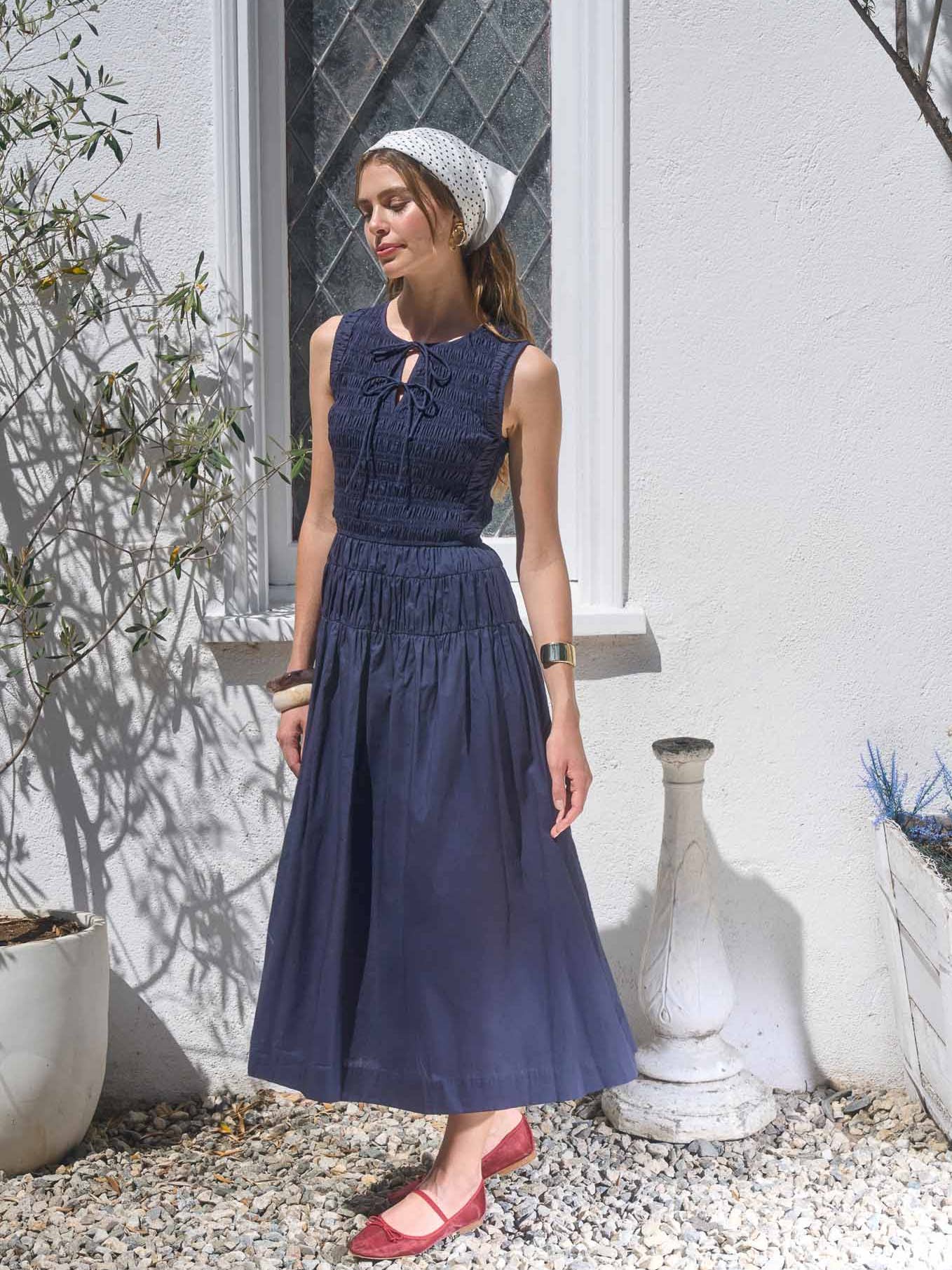 Navy Smocked Midi Dress