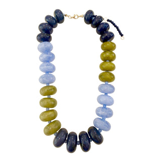Necklace with large glossy marbled beads in shades of chartreuse and blue, with a gold-tone adjustable clasp.
