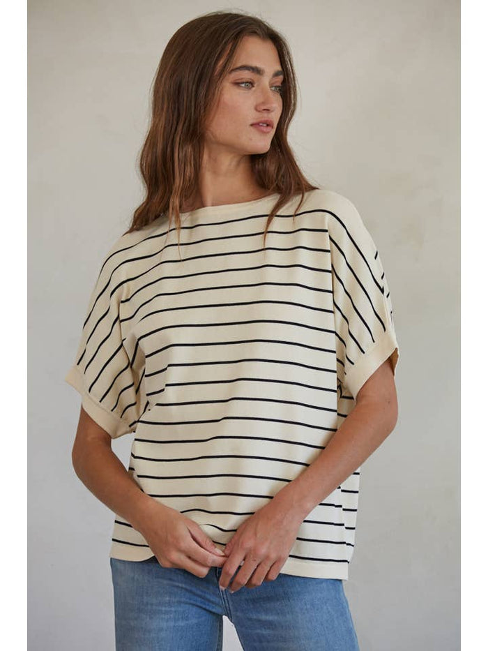 Knit Striped Crew Neck Top in Ivory/Black