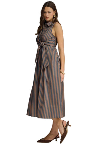 Striped Collared Midi Dress, Navy/Brown