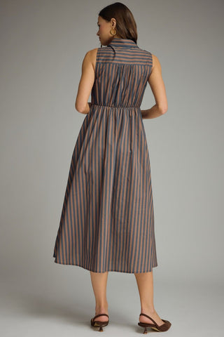 Striped Collared Midi Dress, Navy/Brown