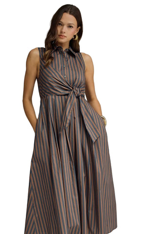 Striped navy and brown sleeveless midi dress with collared neckline and self-tie front.