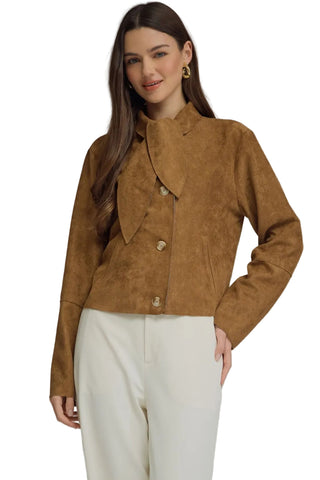 Model wearing a brown cropped jacket with a self-tie neck detail, button closure, and 3/4 sleeves.