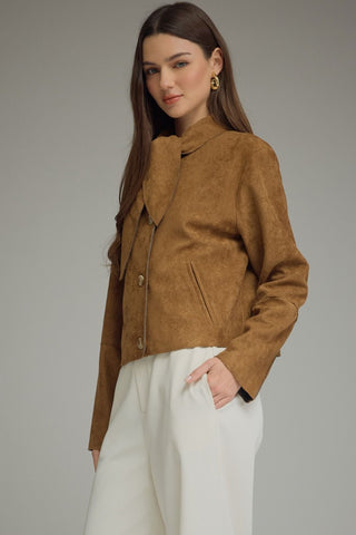 Cropped Faux Suede Jacket, Brown