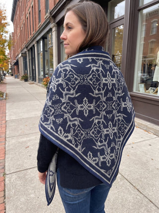 Equestrian Baroque Triangular Shawl, Navy Blue - The South Apparel