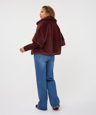 Esqualo Faux Fur Poncho Coat, Merlot - The South Apparel