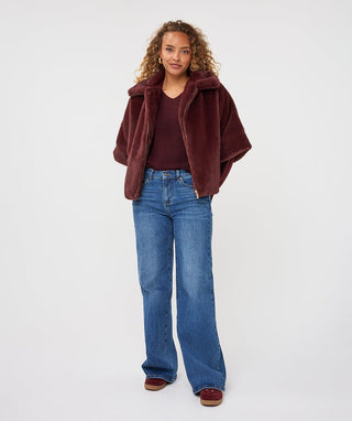 Esqualo Faux Fur Poncho Coat, Merlot - The South Apparel