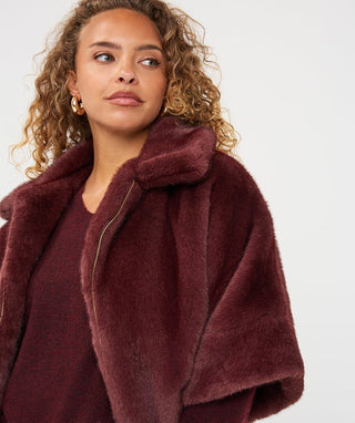 Esqualo Faux Fur Poncho Coat, Merlot - The South Apparel