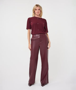 Esqualo Women's Wide-Leg Faux Leather Pants, Merlot - The South Apparel