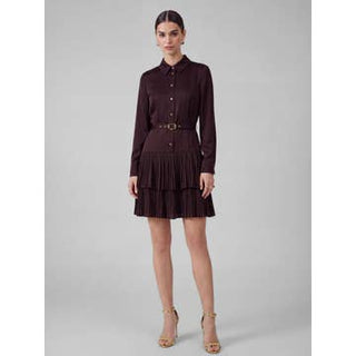Belted Tiered Pleated Mini Dress, Cherry Lacquer