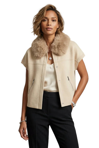 Faux Fur Collar Short Sleeve Cardigan, One Size - The South Apparel