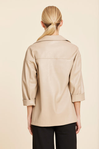 Faux Leather V Neck Shirt, Sand - The South Apparel