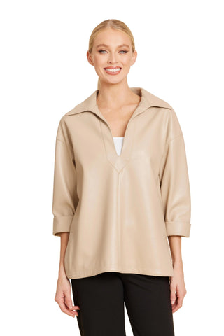 Faux Leather V Neck Shirt, Sand - The South Apparel
