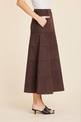 Faux Suede Paneled Full Skirt, Coffee - The South Apparel