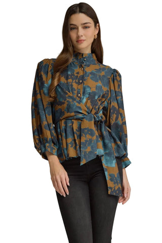 Floral Tie Waist Top, Camel - The South Apparel