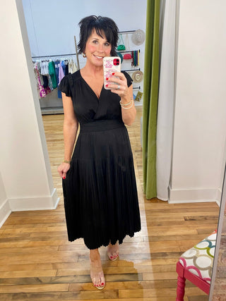 Flutter Sleeve Midi Dress in Black - The South Apparel