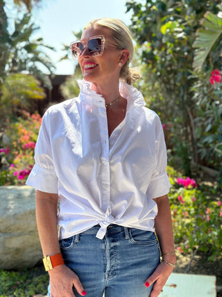 Heidi Houston Short Sleeve Ruffle Shirt in White - The South Apparel