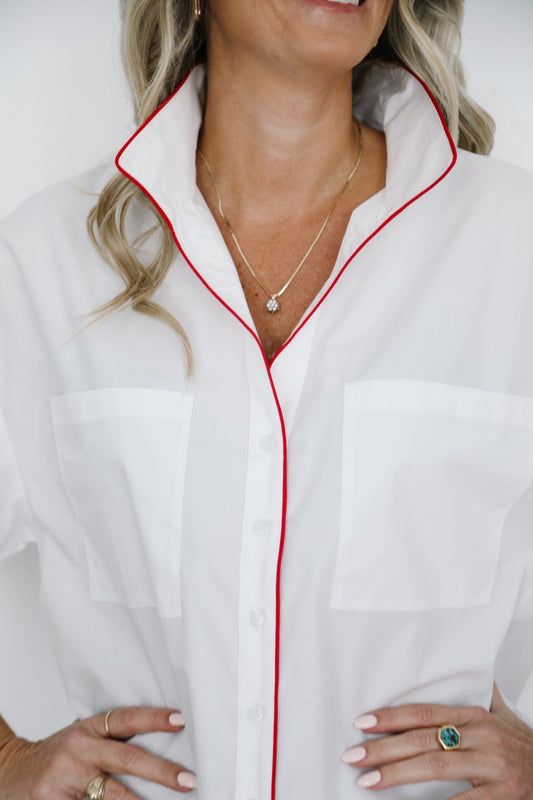 Heidi Houston The Piper Long Sleeve Contrast White with White/Red - The South Apparel
