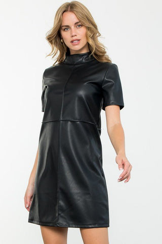 Mock Neck Faux Leather Dress in Black - The South Apparel