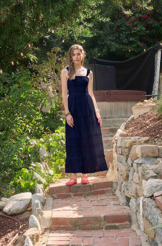 Navy Lace Trimmed Midi Dress - The South Apparel